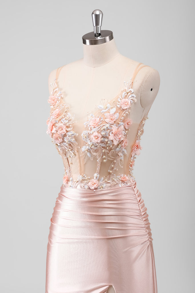 Corset Top Short Satin Prom Dress with Beaded Peach