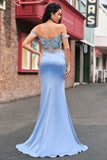 Sky Blue Mermaid Off The Shoulder Corset Long Prom Dress With Slit