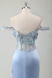 Sky Blue Mermaid Off The Shoulder Corset Long Prom Dress With Slit