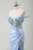 Sky Blue Mermaid Off The Shoulder Corset Long Prom Dress With Slit