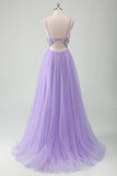 Purple Tulle A-Line Spaghetti Straps Open Back Long Prom Dress with Appliques