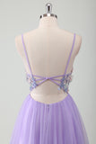 Purple Tulle A-Line Spaghetti Straps Open Back Long Prom Dress with Appliques