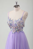 Purple Tulle A-Line Spaghetti Straps Open Back Long Prom Dress with Appliques