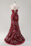 Sparkly Burgundy Mermaid Long Sequin Floral Prom Dress with Slit