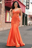 Orange Mermaid Corset Spaghetti Straps Beaded Long Prom Dress