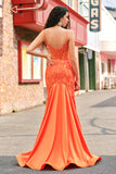 Orange Mermaid Corset Spaghetti Straps Beaded Long Prom Dress