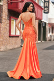 Orange Mermaid Corset Spaghetti Straps Beaded Long Prom Dress