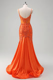 Orange Mermaid Corset Spaghetti Straps Beaded Long Prom Dress