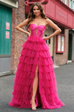 Cute Fuchsia Sweetheart Keyhole Tiered Tulle Long Princess Prom Dresses with Slit