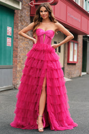 Fuchsia Princess Strapless Cut Out Tiered Tulle Long Prom Dresses