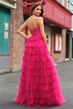 Fuchsia Princess Strapless Cut Out Tiered Tulle Long Prom Dresses