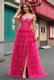 Fuchsia Princess Strapless Cut Out Tiered Tulle Long Prom Dress