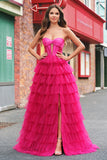 Fuchsia Princess Strapless Cut Out Tiered Tulle Long Prom Dresses