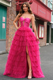 Fuchsia Princess Strapless Cut Out Tiered Tulle Long Prom Dresses