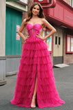 Fuchsia Princess Strapless Cut Out Tiered Tulle Long Prom Dresses