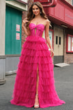 Fuchsia Princess Strapless Cut Out Tiered Tulle Long Prom Dress