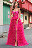 Fuchsia Princess Strapless Cut Out Tiered Tulle Long Prom Dresses