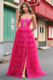 Fuchsia Princess Strapless Cut Out Tiered Tulle Long Prom Dresses