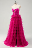 Cute Fuchsia Sweetheart Keyhole Tiered Tulle Long Princess Prom Dresses with Slit