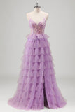 Sparkly A Line Tiered Lilac Sequins Prom Dress with Slit