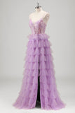 Sparkly A Line Tiered Lilac Sequins Prom Dress with Slit