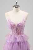 Sparkly A Line Tiered Lilac Sequins Prom Dress with Slit