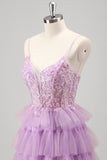 Sparkly A Line Tiered Lilac Sequins Prom Dress with Slit