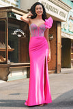 Mermaid Fuchsia One Shoulder Removable Ruffles Long Prom Dress with Slit