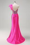 Sparkly Fuchsia Mermaid One Shoulder Removable Ruffles Long Prom Dress with Slit