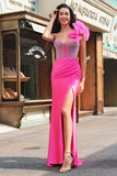 Mermaid Fuchsia One Shoulder Removable Ruffles Long Prom Dress with Slit