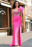 Mermaid Fuchsia One Shoulder Removable Ruffles Long Prom Dress with Slit