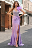 Sparkly Lilac Mermaid Beaded Corset One Shoulder Long Prom Dress with Slit