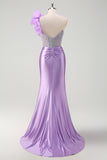 Sparkly Lilac Mermaid Beaded Corset One Shoulder Long Prom Dress with Slit