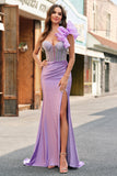 Sparkly Lilac Mermaid Beaded Corset One Shoulder Long Prom Dress