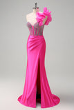 Sparkly Fuchsia Mermaid One Shoulder Removable Ruffles Long Prom Dress with Slit