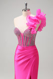 Sparkly Fuchsia Mermaid One Shoulder Removable Ruffles Long Prom Dress with Slit