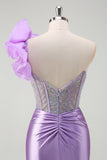 Sparkly Lilac Mermaid Beaded Corset One Shoulder Long Prom Dress with Slit