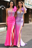 Mermaid Fuchsia One Shoulder Removable Ruffles Long Prom Dress with Slit