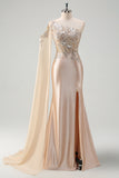 Sparkly Champagne Mermaid One Shoulder Sequin Long Prom Dress with Slit