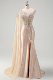 Sparkly Champagne Mermaid One Shoulder Sequin Long Prom Dress with Slit