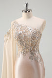 Sparkly Champagne Mermaid One Shoulder Sequin Long Prom Dress with Slit