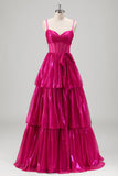 Sparkly A Line Fuchsia Corset Tiered Spaghetti Straps Metallic Prom Dress