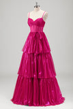 Sparkly A Line Fuchsia Corset Tiered Spaghetti Straps Metallic Prom Dress