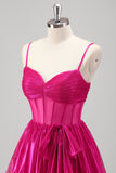 Sparkly A Line Fuchsia Corset Tiered Spaghetti Straps Metallic Prom Dress