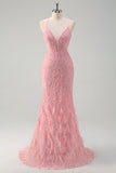 Sparkly Pink Mermaid Spaghetti Straps Sequin Long Prom Dress with Feathers