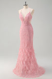 Sparkly Pink Mermaid Spaghetti Straps Sequin Long Prom Dress with Feathers