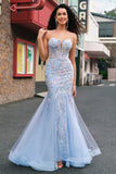 Light Blue Floral Beaded Mermaid Spaghetti Straps Tulle Prom Dress