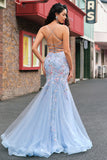 Light Blue Floral Beaded Mermaid Spaghetti Straps Tulle Prom Dress