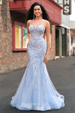 Light Blue Floral Beaded Mermaid Spaghetti Straps Tulle Prom Dress