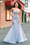 Light Blue Floral Beaded Mermaid Spaghetti Straps Tulle Prom Dress